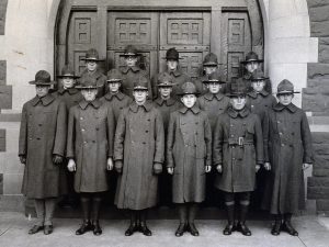 Army S.A.T.C. group standing in front of Northam Towers east facade entry, Trinity College, Hartford, CT, ca 1918 photo