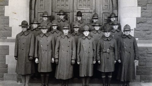 Army S.A.T.C. group standing in front of Northam Towers east facade entry, Trinity College, Hartford, CT, ca 1918 photo