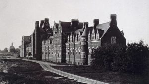 Long Walk, Trinity College (Hartford, CT): (L-R) Jarvis Hall, Northam Towers, Seabury Hall overall exterior West side from southwest
