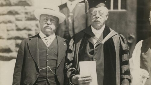 Theodore Roosevelt and President Flavel Sweeten Luther at commencement, June 1918 (Trinity College, Hartford Connecticut)
