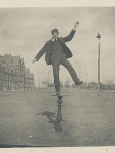 This is possibly the only known image of the 1872 sundial. The sundial was a gift of the class of 1872 to the original campus, and it moved with the college to Summit Street, where it was placed "before Seabury Hall and midway of the campus" until it became “'quaint and gray' and at long last expired of old age at an unknown date" (1957 February Bulletin Alumni Magazine).