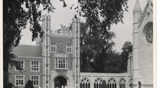 Downes Memorial Clock Tower and chapel cloisters (Trinity College, Hartford Conn.)