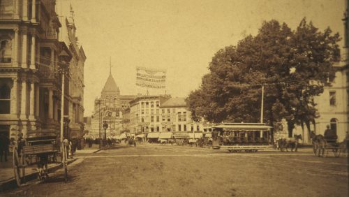 Downtown Hartford in 1888. Banners for Prohibition and in favor of Benjamin Harrison for president are in the distance.