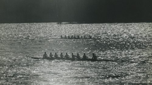 Two crew teams rowing on the water, Trinity College, Hartford, CT [Athletics]
