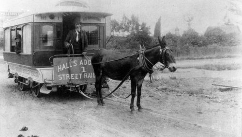 Example of a horse-drawn streetcar in California in 1893.