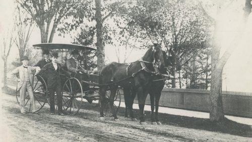 "Washington Campus." Students with horse-drawn carriage, Trinity College Old Campus, Hartford, Connecticut (1860) Photographer unknown.