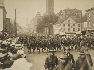 World War I: First Connecticut Infantry parades down Main Street, leaving Hartford, July 1917.