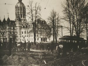Workers lay trolley tracks near State Capitol, Hartford.
