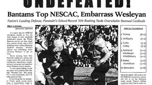 clipping from the Trinity Tripod with the headline, UNDEFEATED! Bantams top NESCAC, Embarrass Wesleyan.