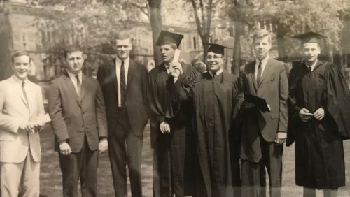 Graduation day 1963: Those in the picture are Ted Stier, Charlie McGill, Bob Kirk, Eddie Roberts, Rick Nygard, me, and Stone Coxhead. We were all members of Delta Phi. I was president.