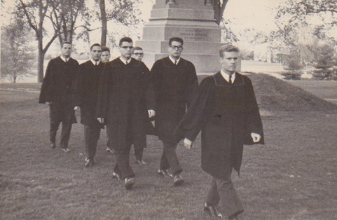 The photos are from the Medusa Tapping of May 1963. The Medusa members were Don Taylor ’63, Jack Waggett ’63, Scott Reynolds ’63, John Kent ’63, Bill Howland ’63, Vic Keen ’63, and Mike Schulenberg ’63.  