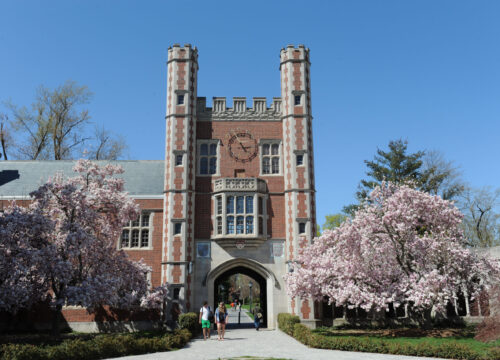 The Chapel at Trinity College with Pink Blooming Trees