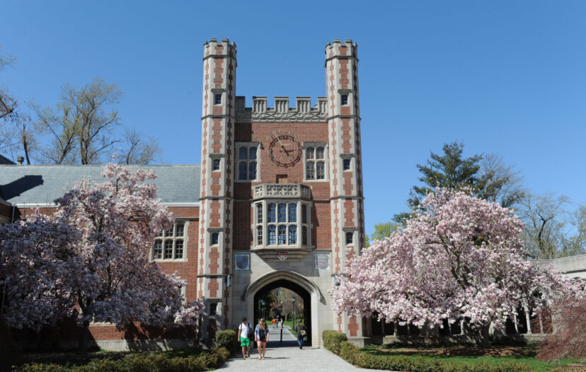 The Chapel at Trinity College with Pink Blooming Trees