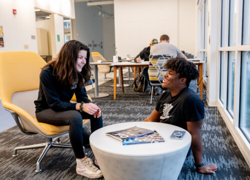 Two trinity college students conversing in a study lounge