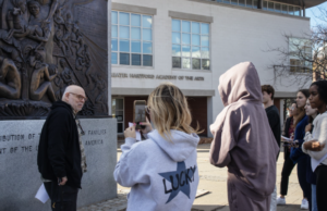 Professor Pablo Delano and First Year Seminar students visiting Monument to the Puerto Rican Family at The Learning Corridor, Hartford CT.