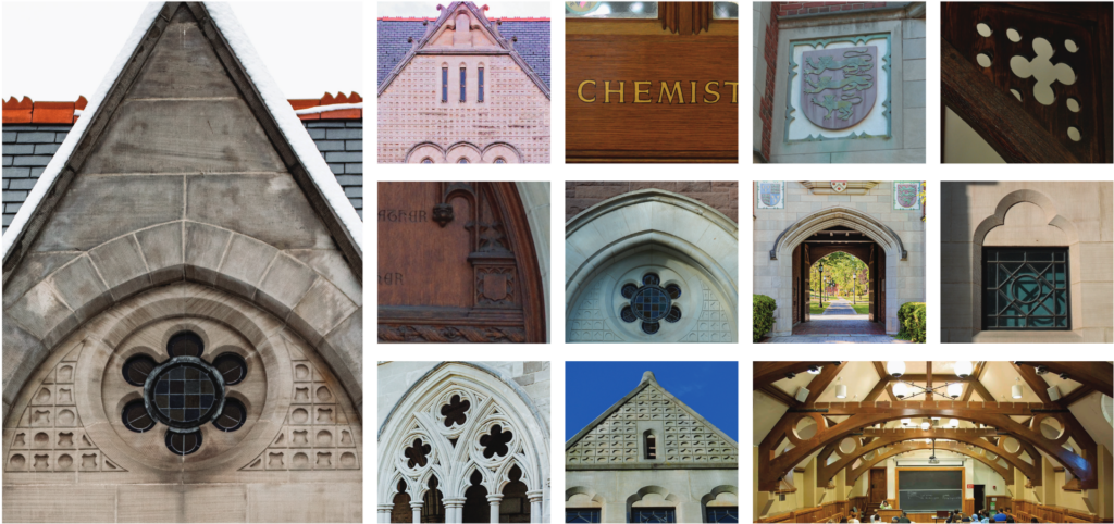 Grid of photos of campus architecture