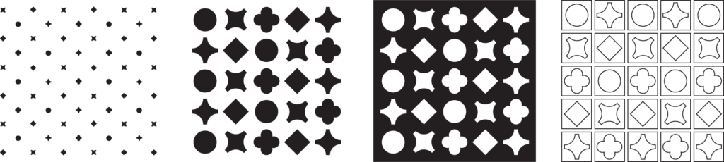 Four blocks of patterns composed of glyphs