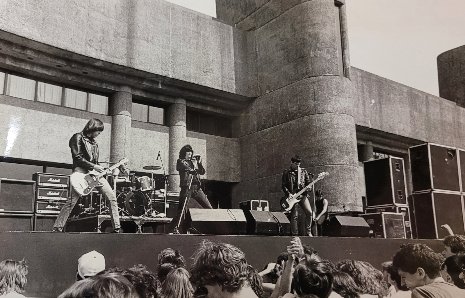 The Ramones playing in front of the Life Sciences Center in 1985.