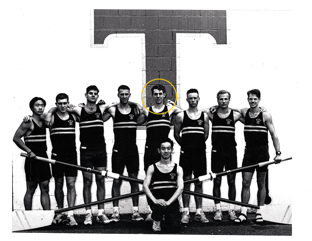Adrian West ’97, in circle, with his Trinity rowing team