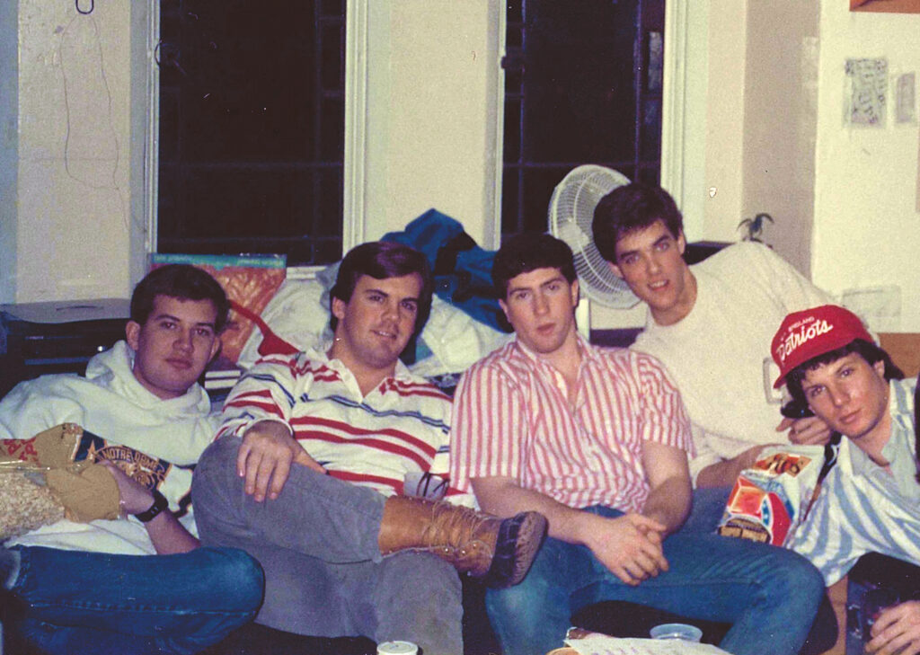 1990 classmates Ray Hannan, Jamie Murphy, Jeff Proulx, Paul Diaz, and Ed Troiano as Trinity students