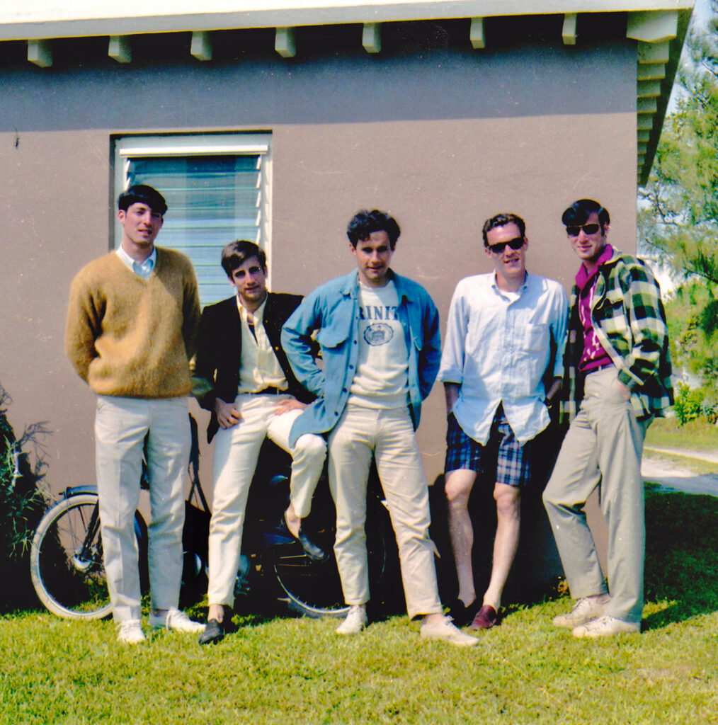 Miles King ’69, Peter Kaufman ’68, Rob Boas ’67, Len Goldstein ’67, and Scott King ’69 during spring break in Bermuda in the late ’60s