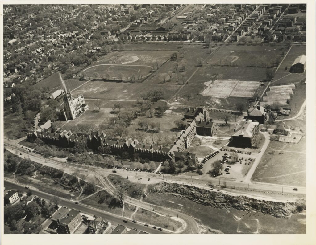 This aerial photo, dated circa 1940–47, shows, at bottom right, the rocky ridge bordering the west side of campus.PHOTO: COURTESY OF THE TRINITY COLLEGE ARCHIVES