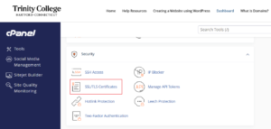 screenshot of the cPanel interface showing the location of the SSL/TLS Certificate application