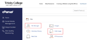 screenshot of teh cPanel interface showing the file manager and disk usage applications