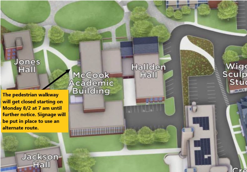 map showing closed walkway in front of McCook