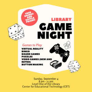 Game Night flyer with dice, vr headset, and controllers