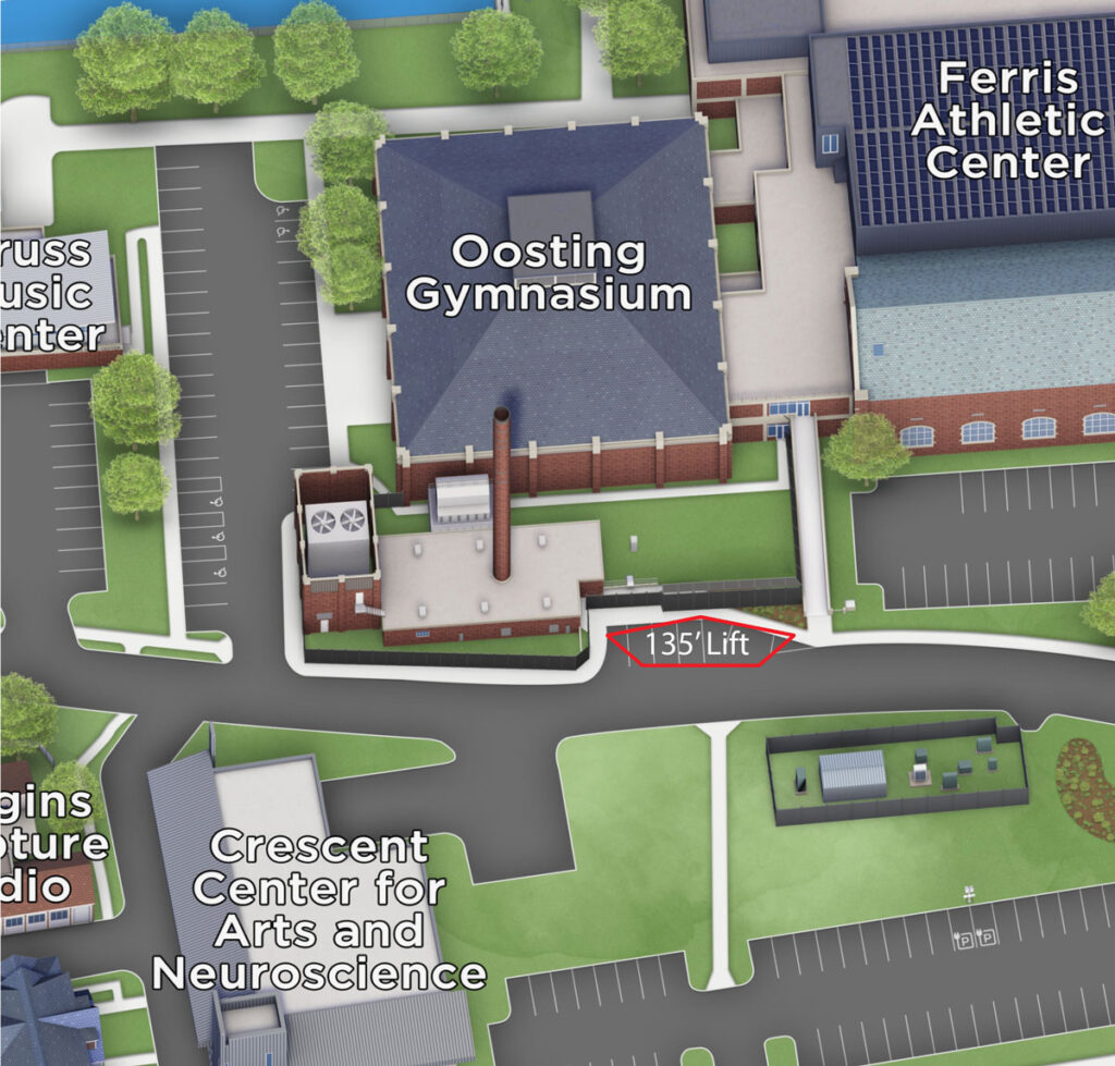 map showing the parking spaces that are blocked off for the 135' lift.