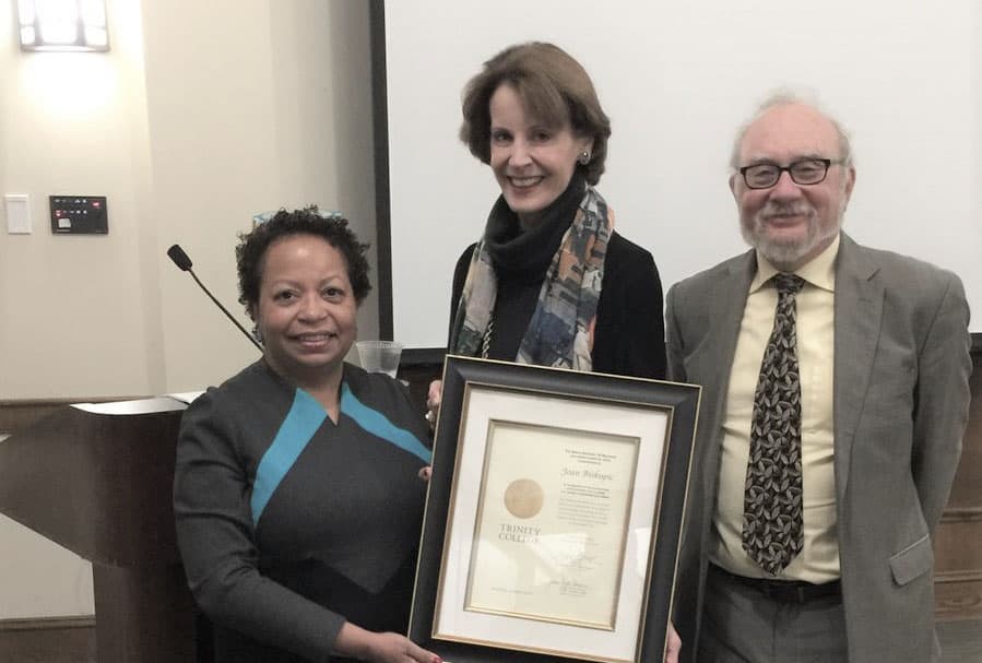 Joanne Berger-Sweeney and Mark Silk present Moses Berkman Memorial Journalism Award to CNN legal analyst and author Joan Biskupic