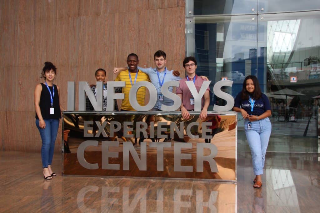 Imane Bounana ’20, Winrose Mollel ’21, Edson Zandamela ’20, Matthew Solomon ’22, Aiden Dumas ’20, and Wendy Salto ’22 at Infosys in Bangalore, India. 