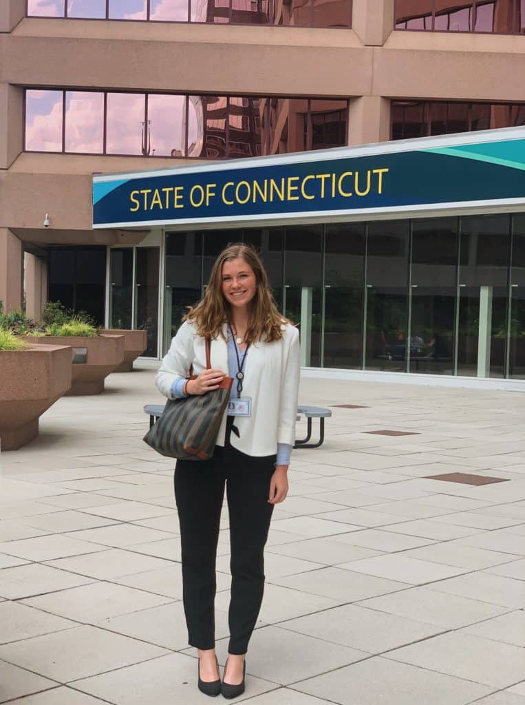 Student Cara Bradley ’20 at the Connecticut Commission on Human Rights and Opportunities building in Hartford.