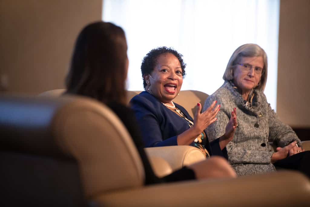 President Joanne Berger-Sweeney P’22 (center) responds to a question from moderator Sarah Cody ’95 as Cornelia P. Thornburgh ’80 (right) looks on.