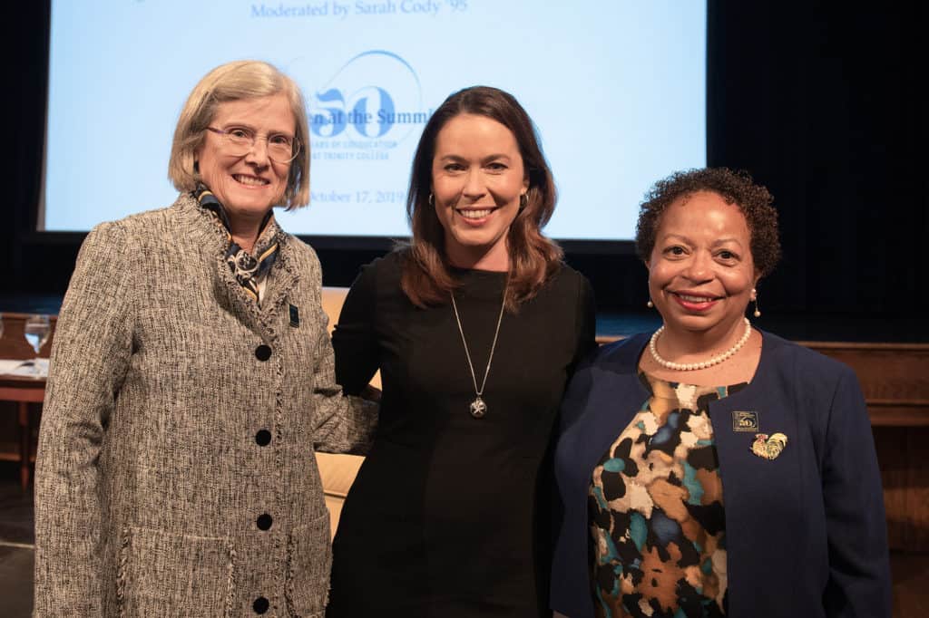 (L-r) Chair of Trinity College Board of Trustees Cornelia P. Thornburgh ’80, moderator Sarah Cody ’95, and President Joanne Berger-Sweeney P’22 after the ‘Women in Leadership’ panel. 