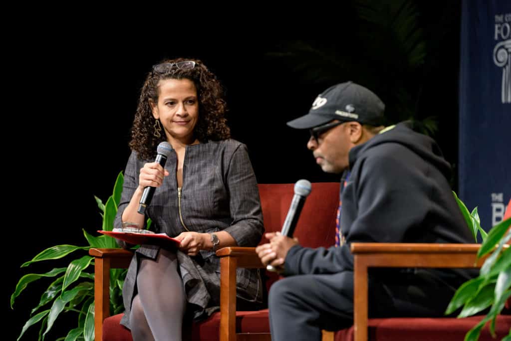 Moderator Allison Stewart and director Spike Lee at the Bushnell in downtown Hartford.