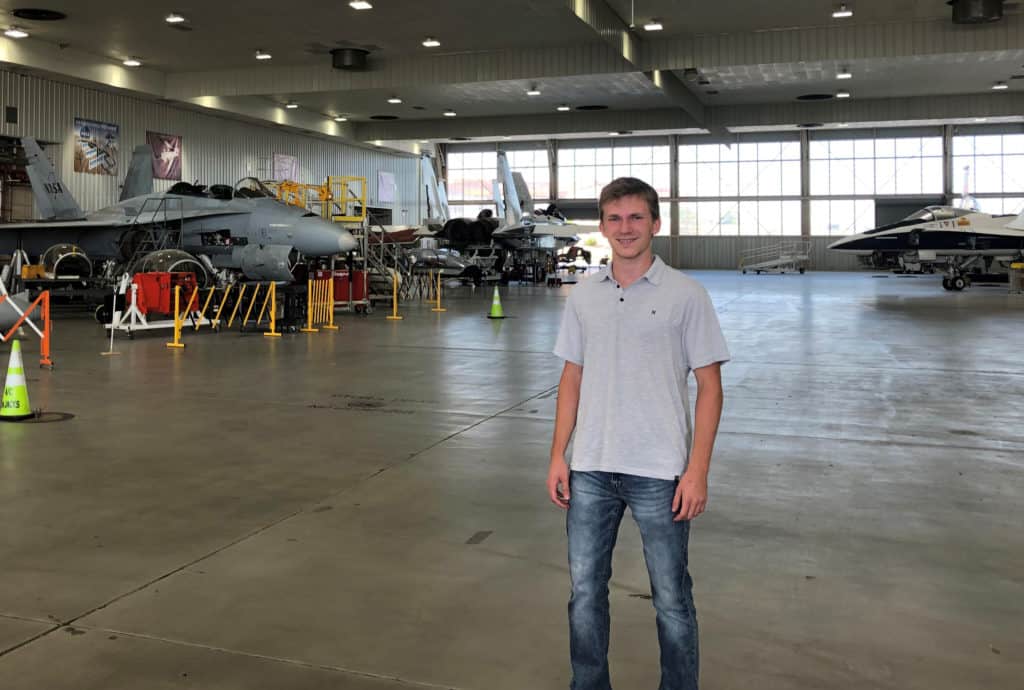 Skyler Szot ’21 inside the NASA test plane hangar.