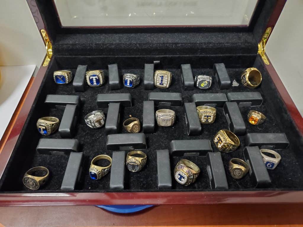 A collection of Trinity's squash championship rings.