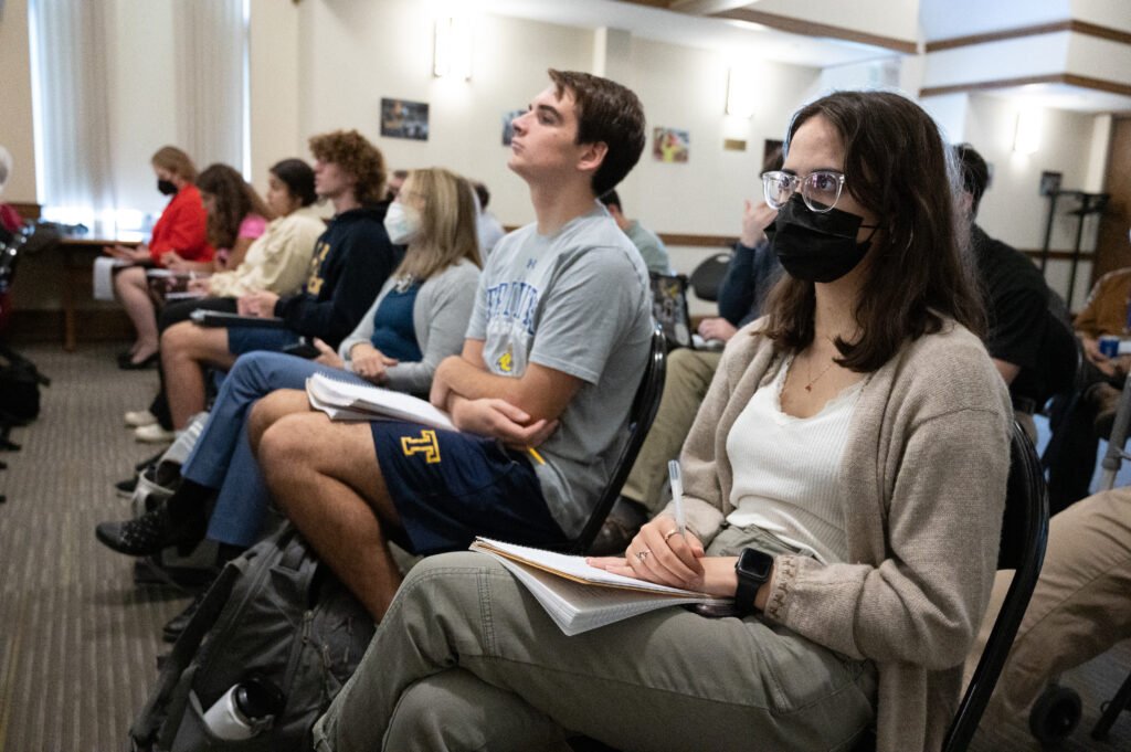 Students and other members of the Trinity community listen to Thomas B. Edsall.