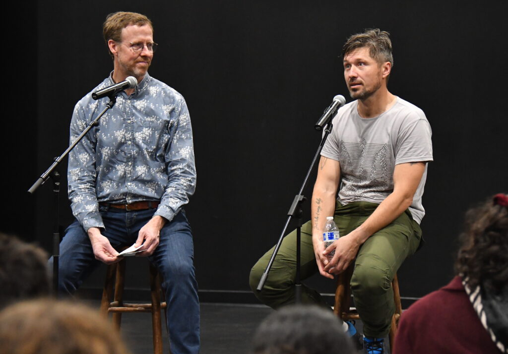 Associate Professor of Theater and Dance Peter Kyle and Anton Ovchinnikov speak with the audience after a performance. Photo by John Atashian.