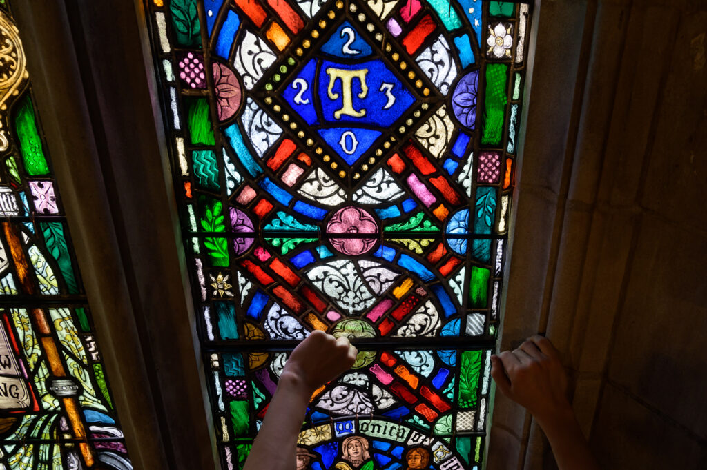 Chapel stained glass window gift from Joanne Berger-Sweeney