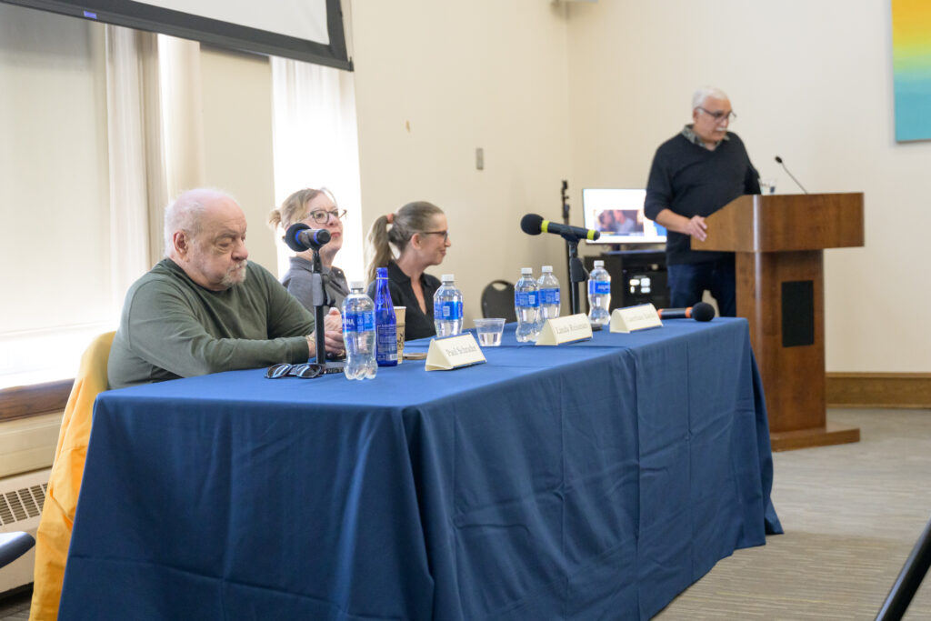 Prakash Younger, associate professor of English and director of Trinity’s Film Studies Program (right) leads the discussion with filmmakers Paul Schrader, Linda Reisman, and Caerthan Banks. Photo by Nick Caito.